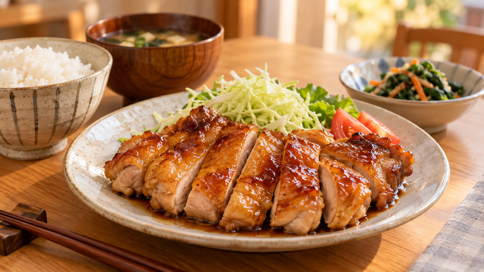 照り焼きにした鶏もも肉とご飯、みそ汁を並べた家庭の食卓