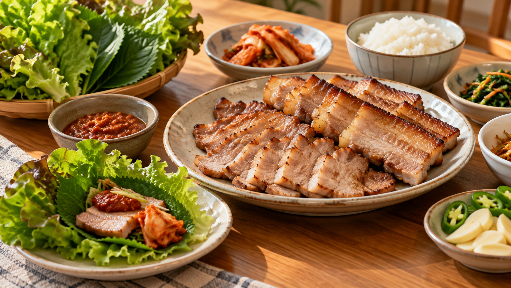 薄切りと厚切りの豚バラを焼き、野菜やキムチと盛り付けた家サムギョプサルの食卓