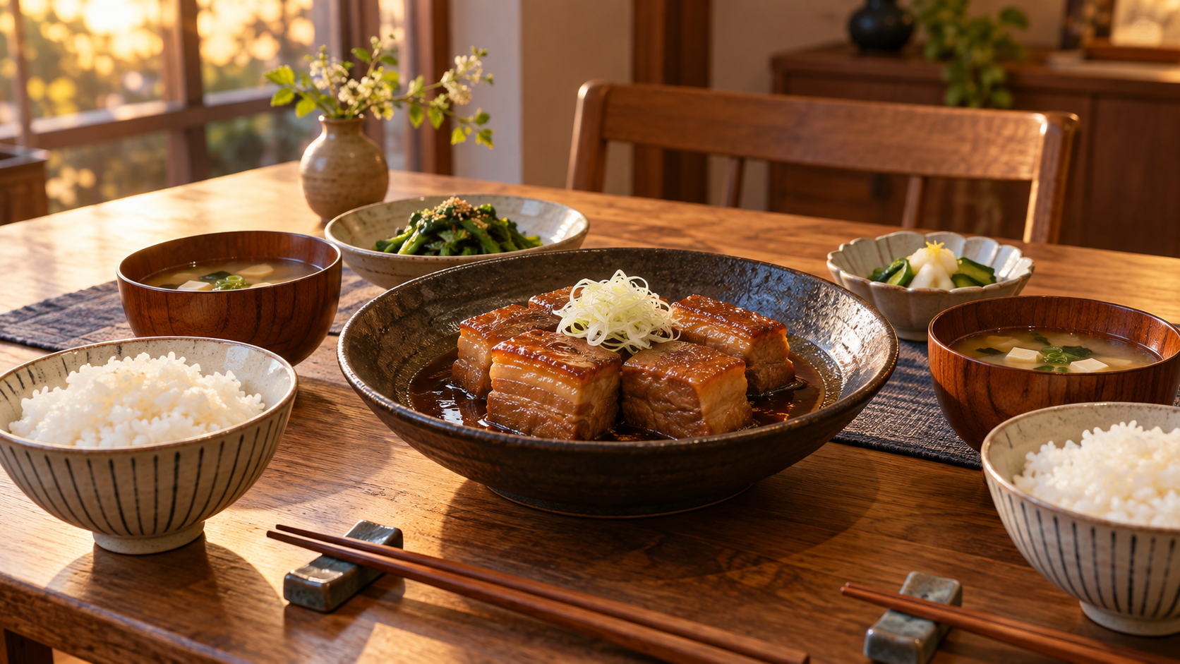 豚の角煮とご飯やみそ汁を並べた食卓