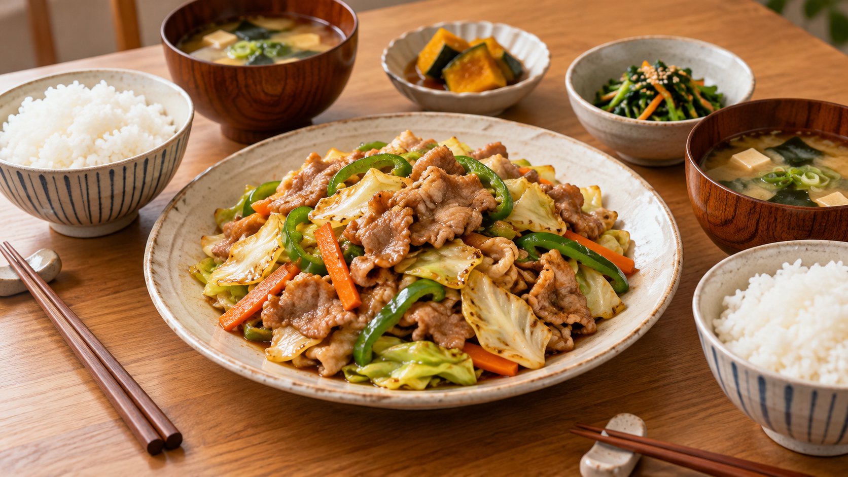 豚こまと野菜の炒め物を中心にした家庭の食卓