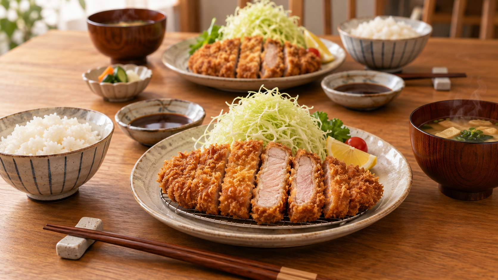 肩ロースのとんかつを家族で楽しむ家庭の食卓