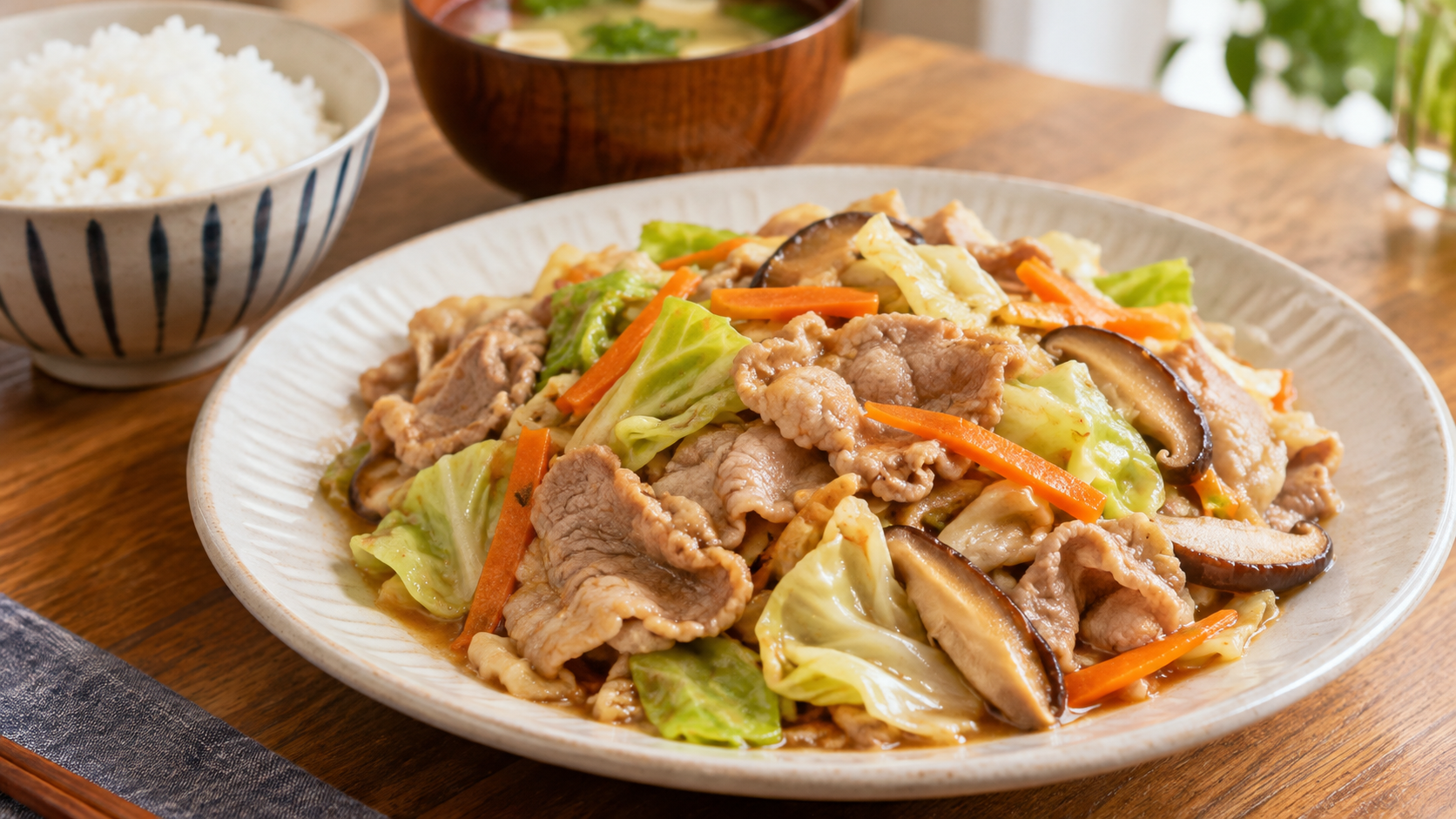 豚もも肉と野菜の料理を盛りつけた食卓