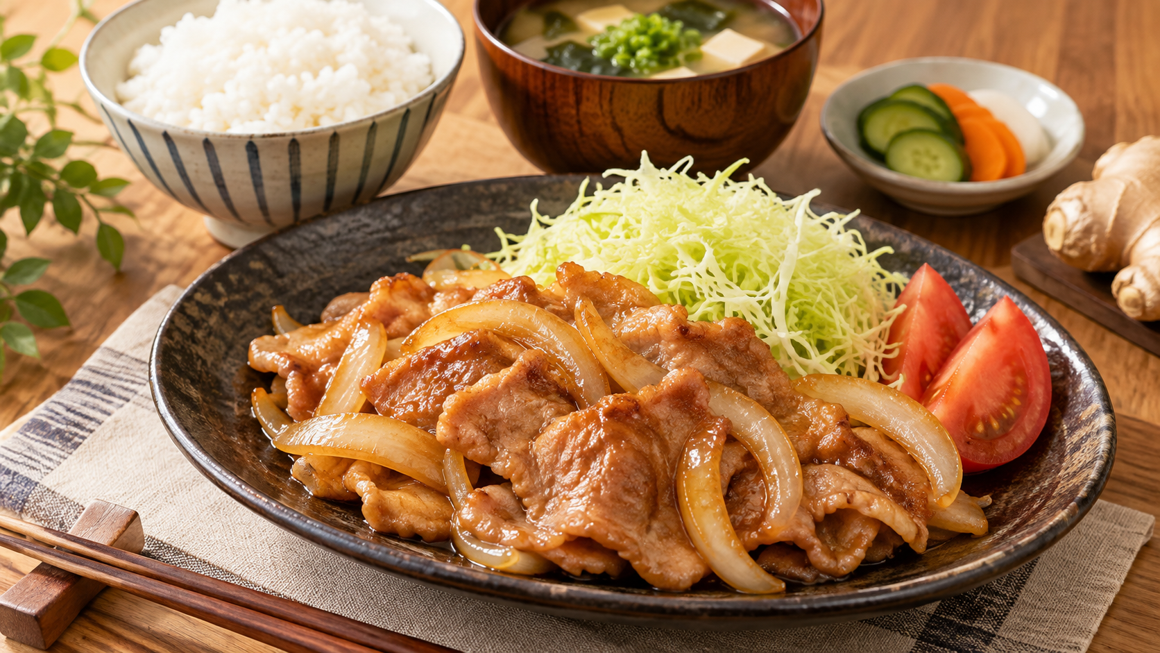 生姜焼きとキャベツ、ご飯、みそ汁を並べた食卓