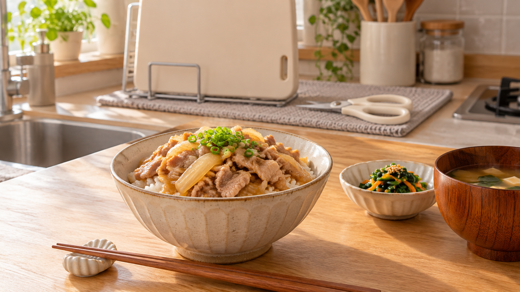 短く整えた豚こま肉の豚丼と、洗って片付けたまな板・ハサミ