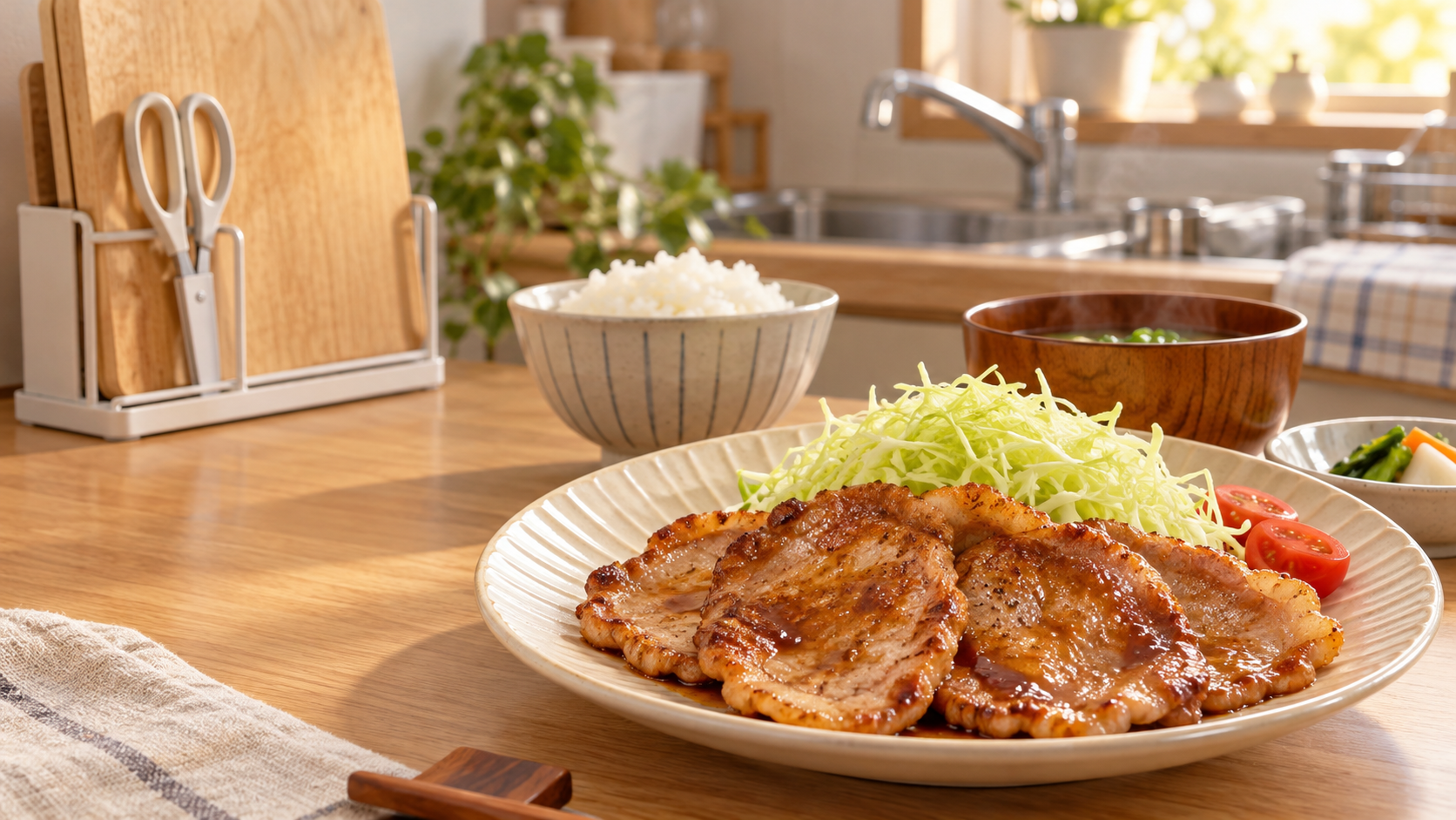 生姜焼きの食卓と、洗って片付けたまな板やキッチンバサミ