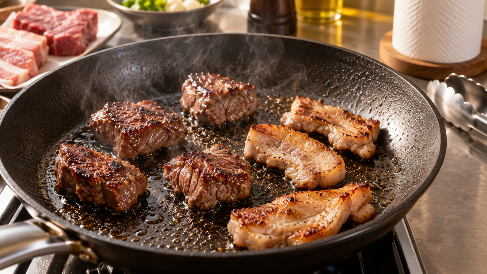 適量の肉を水分をためず香ばしく焼くフライパン