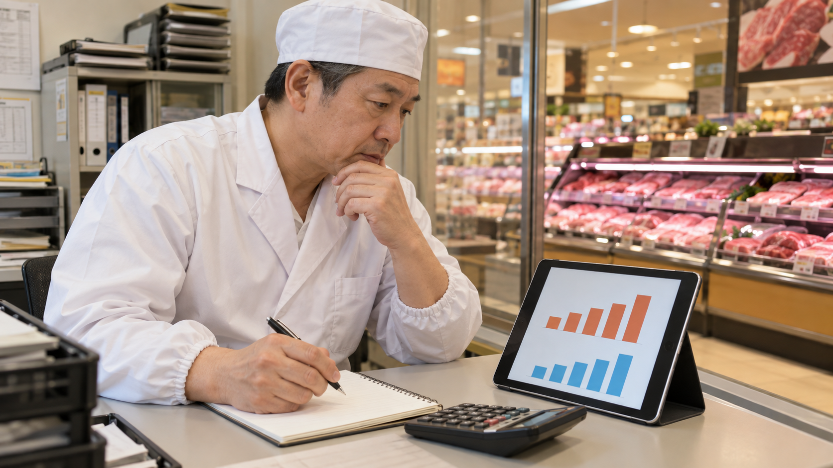 利益率と利益高を確認する精肉担当者