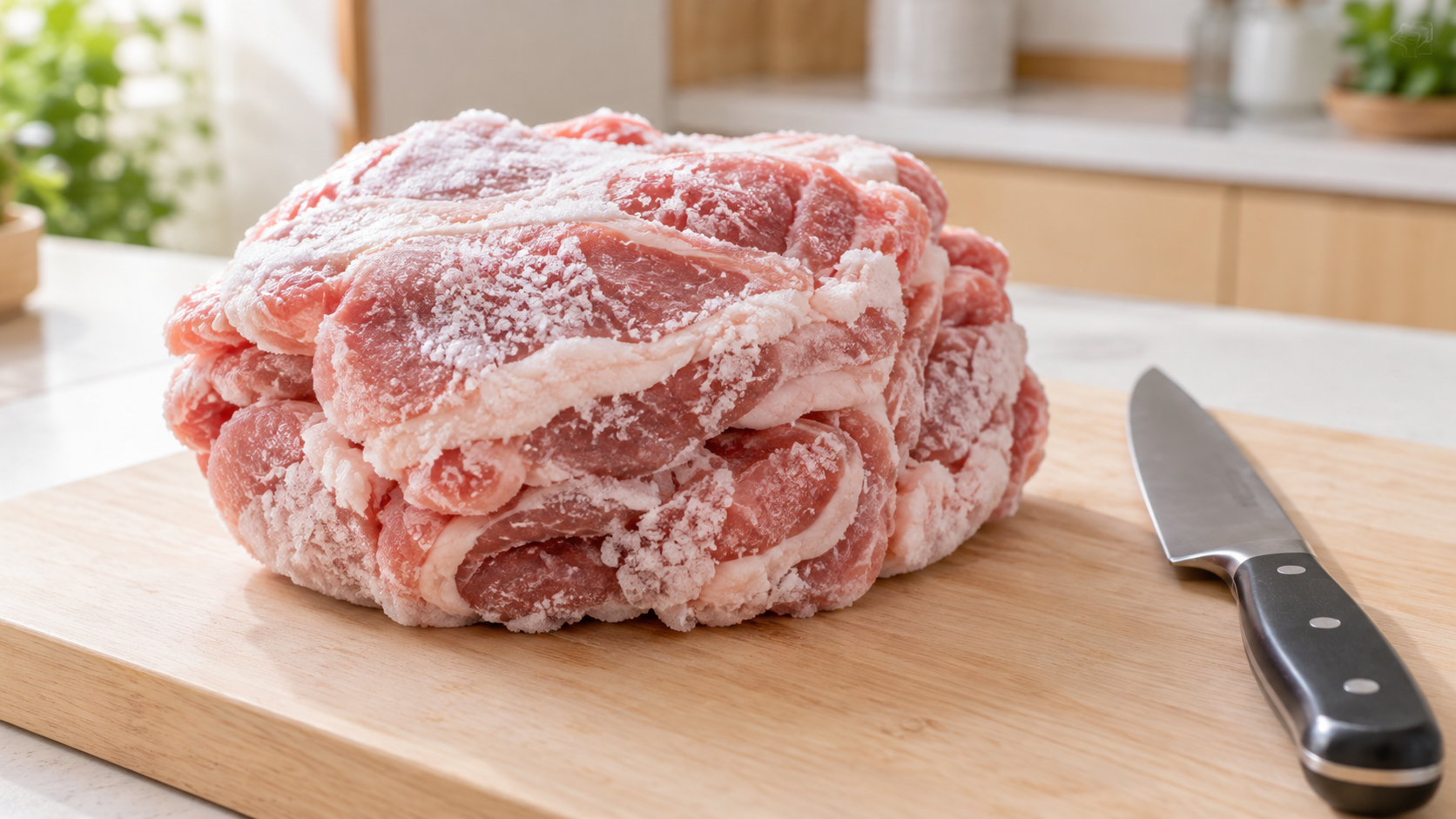 塊になった冷凍肉と、その横に安全に置いた包丁