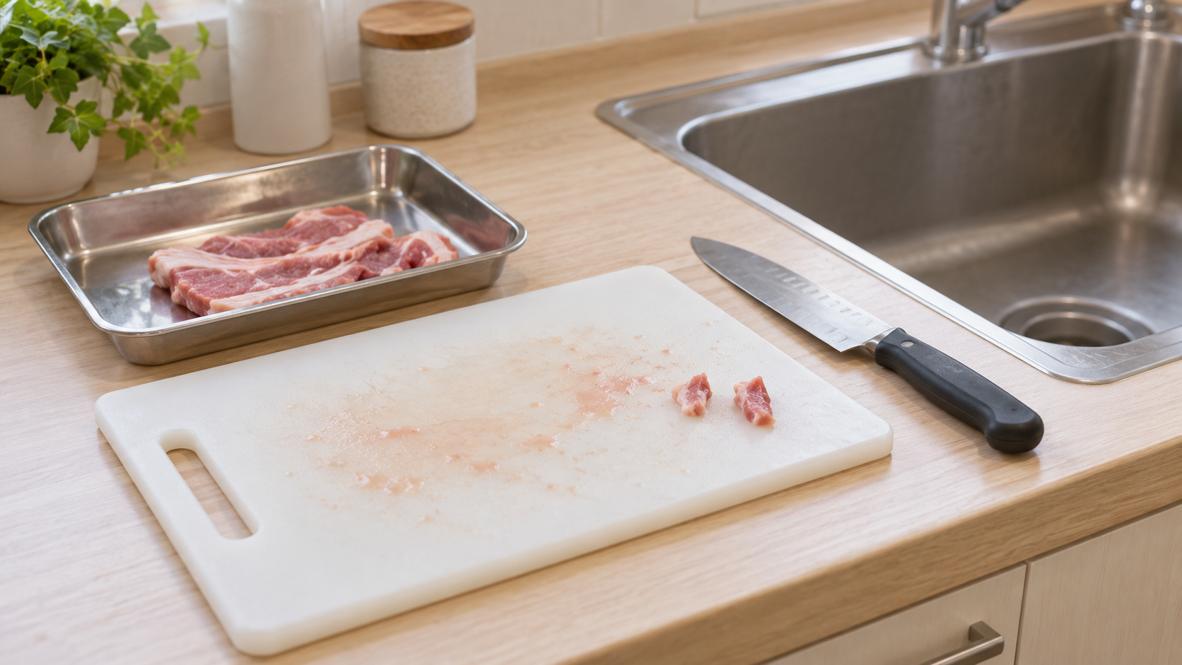 肉を切ったまな板と包丁、片付け前の家庭の台所