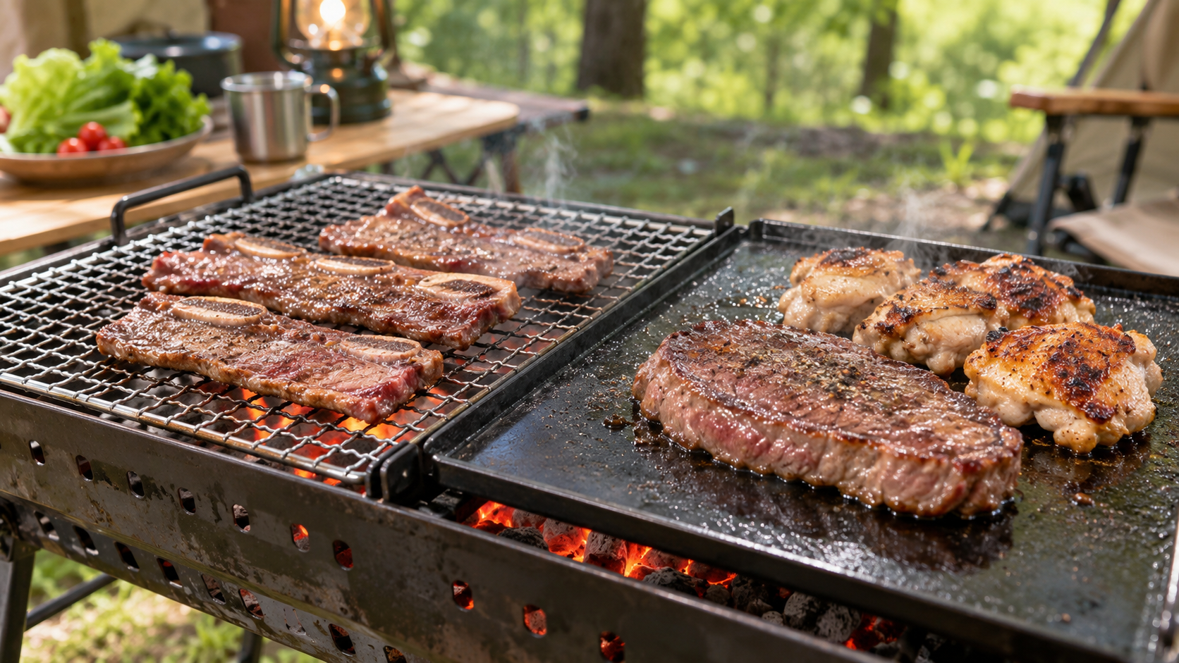 網と鉄板を併用してカルビ・赤身・鶏肉を焼くBBQ