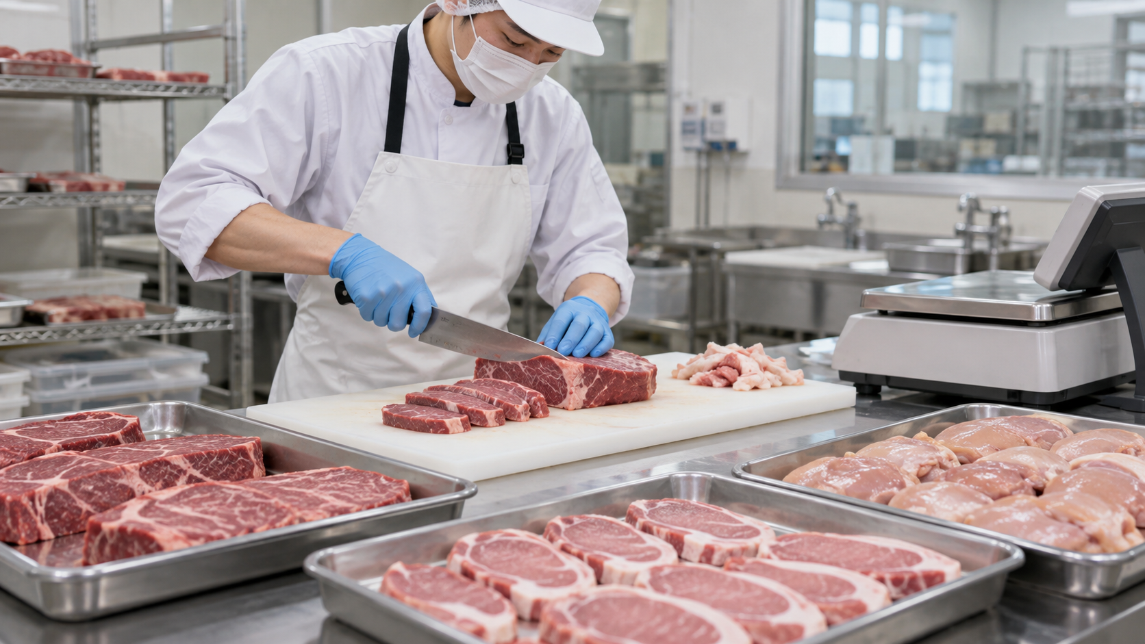 歩留まりと商品化を考えて肉を加工する担当者