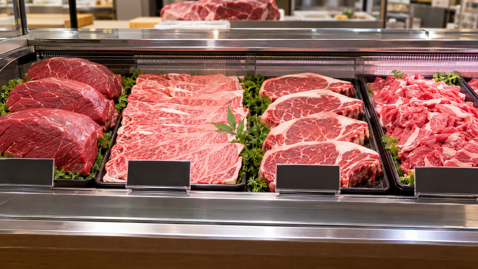 部位や用途ごとに並ぶ牛肉売場