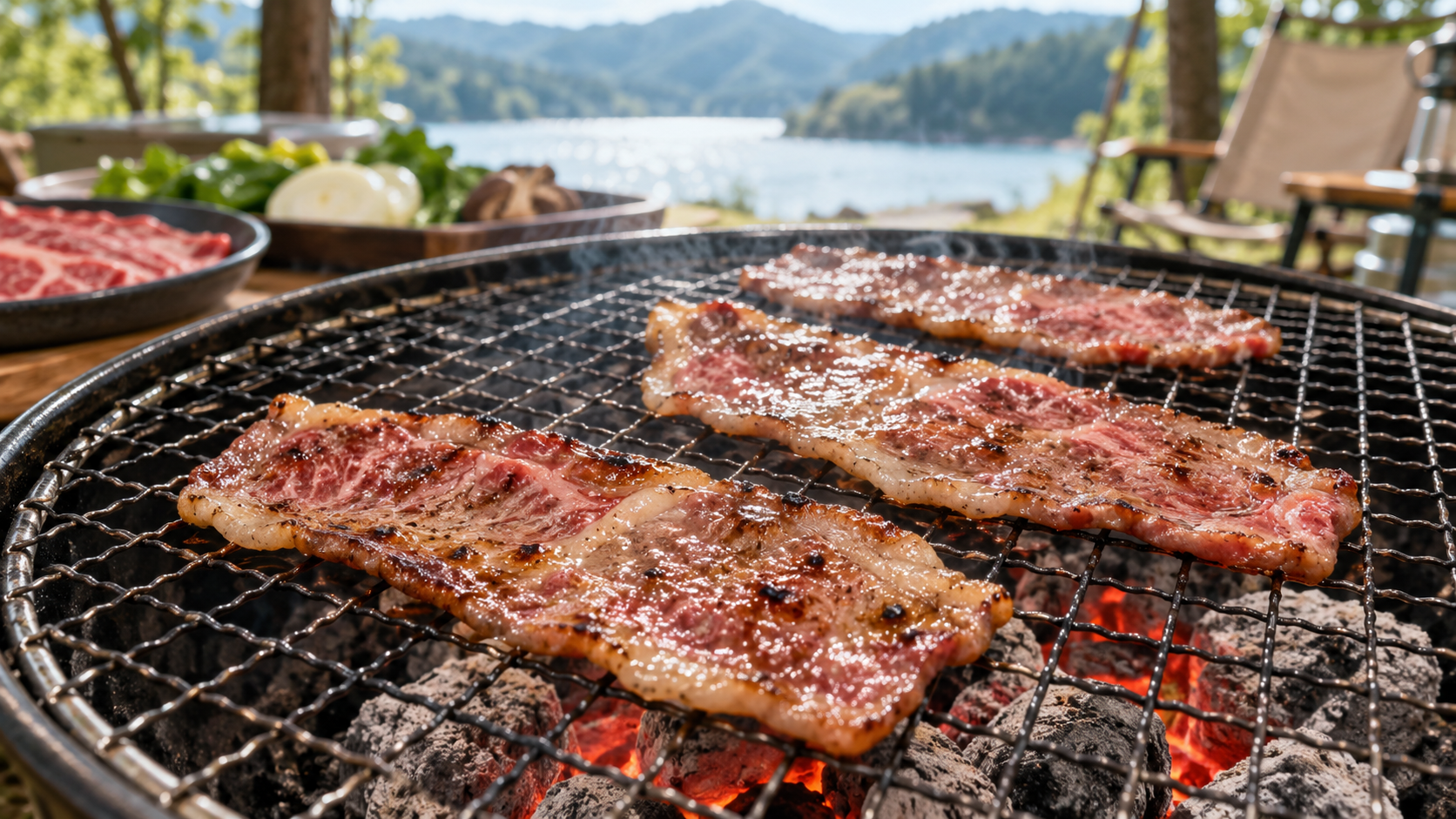 網で脂を落としながら焼くカルビ
