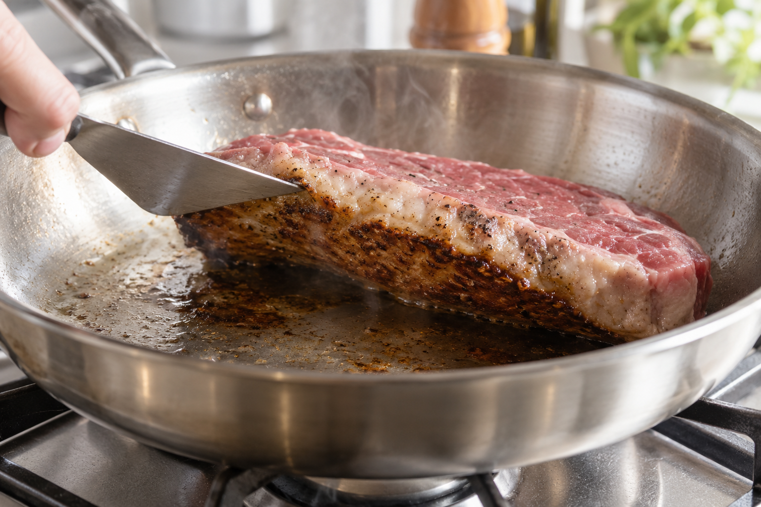 ステーキの端を持ち上げて茶色い焼き面を確認する様子