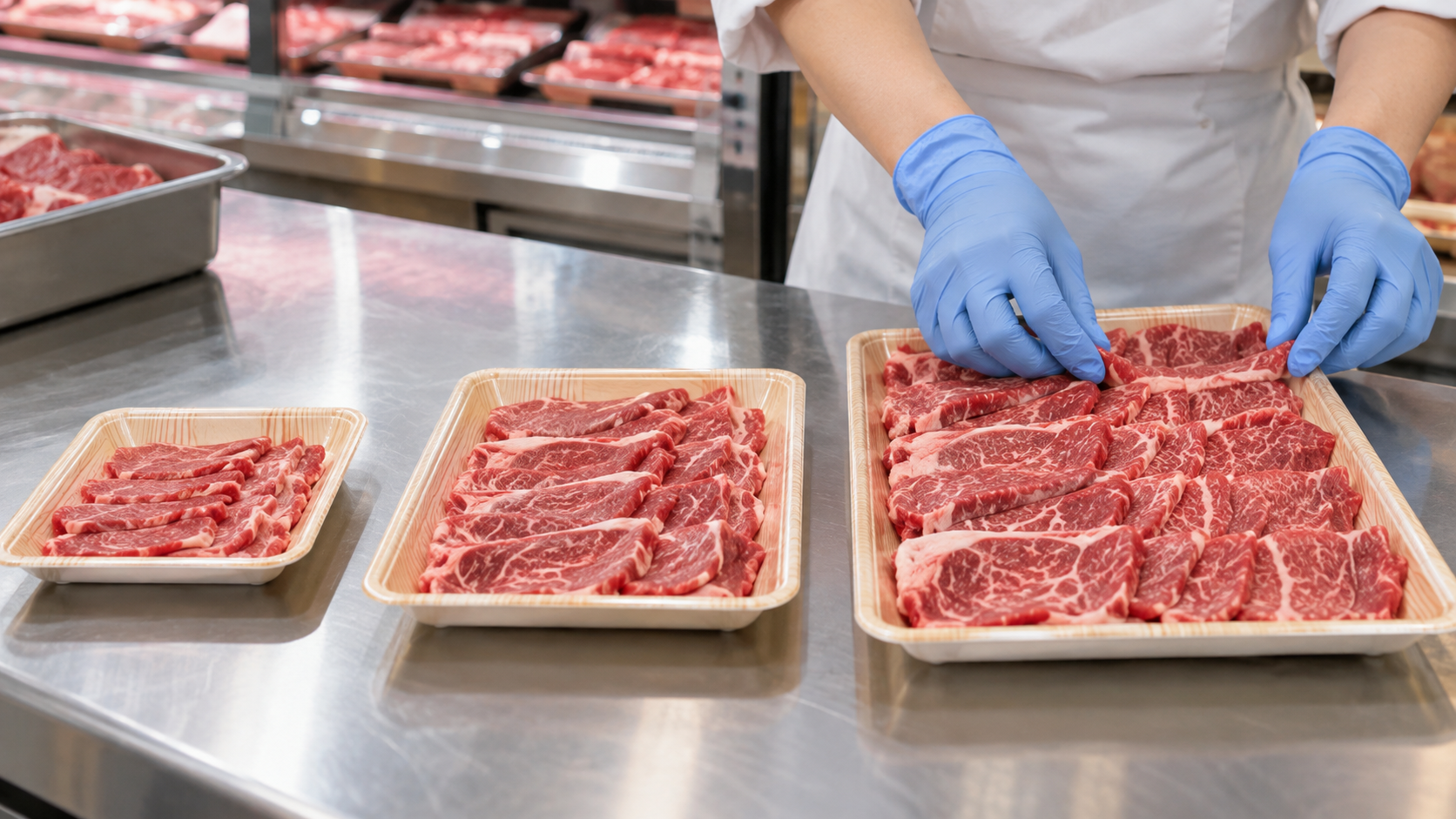少量・標準・大容量の牛肉を整える作業