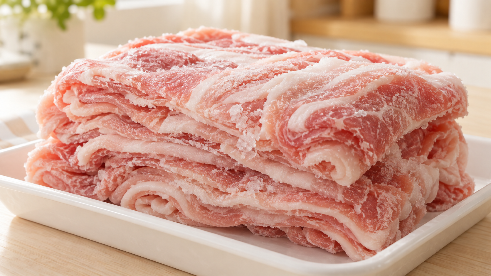 薄切り肉が重なって一つの塊になった冷凍肉の接写