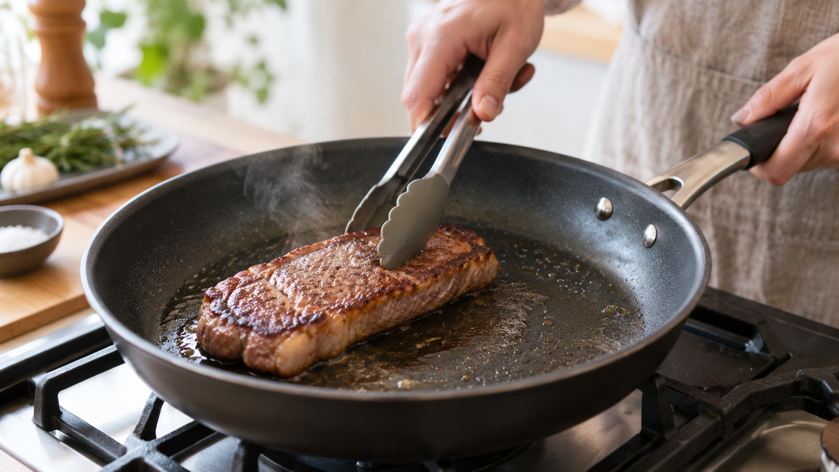 フッ素加工フライパンで焼き色を付けたステーキ