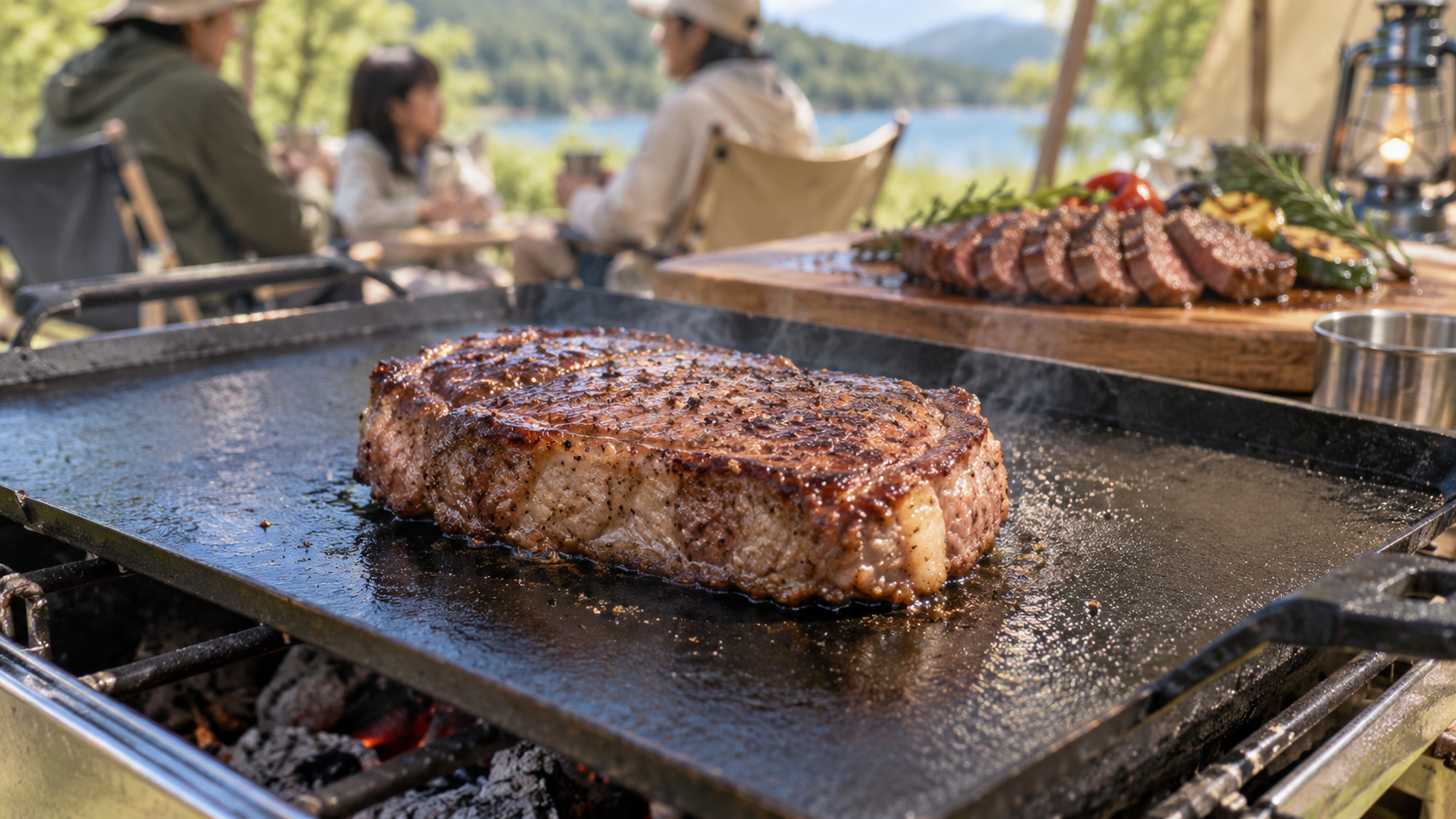 鉄板で焼き色を付ける赤身ステーキ