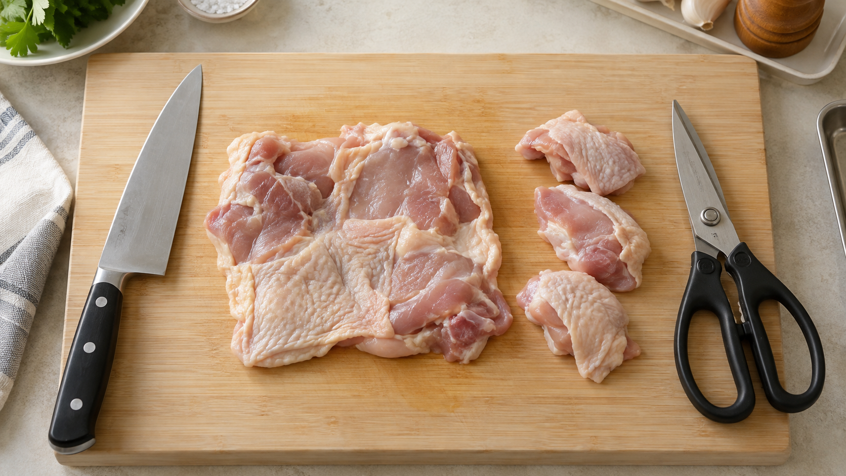 鶏もも肉と包丁・キッチンばさみの使い分けを示す様子