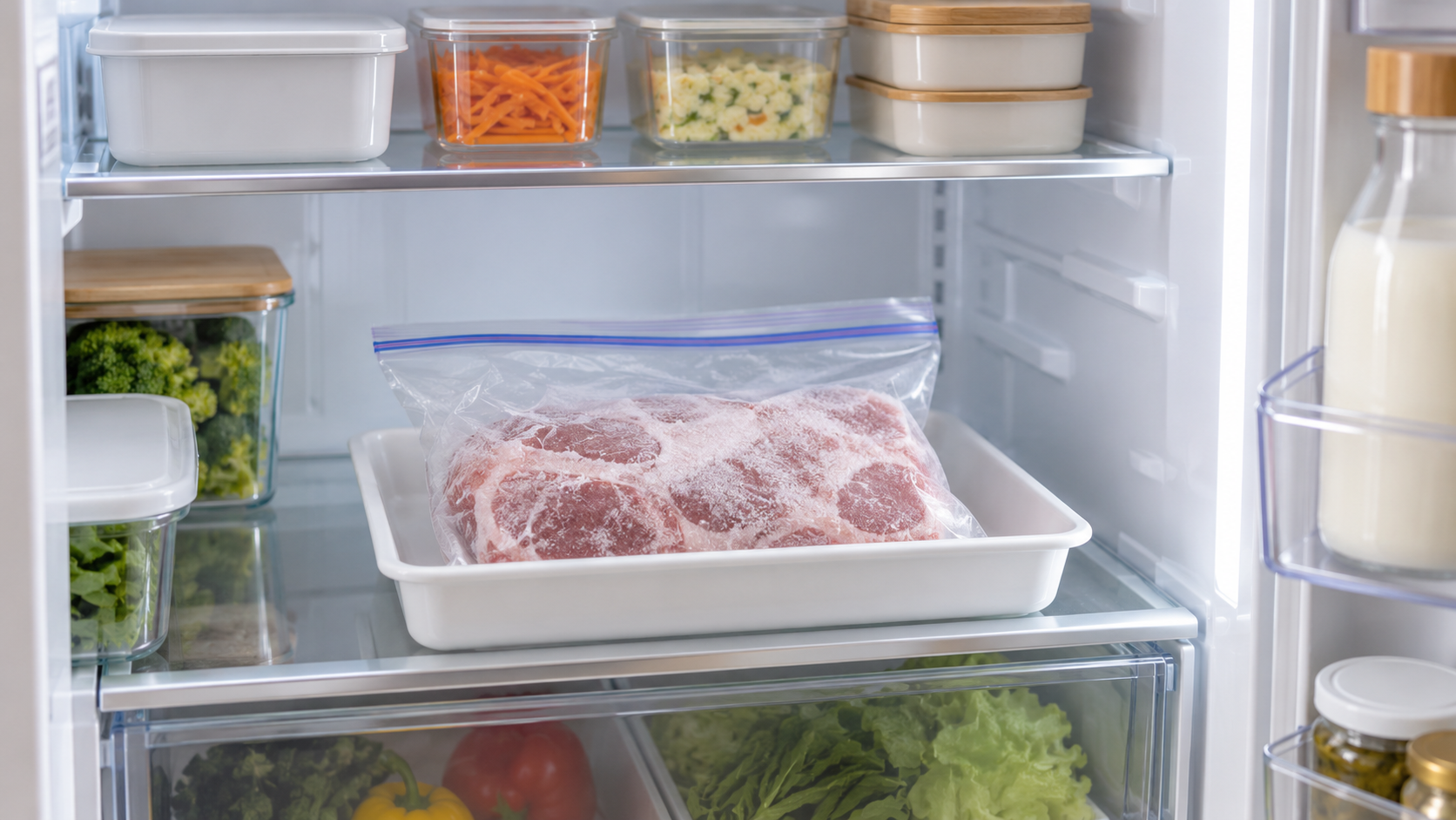 密封袋と受け皿に入れて冷蔵庫内で解凍する冷凍肉
