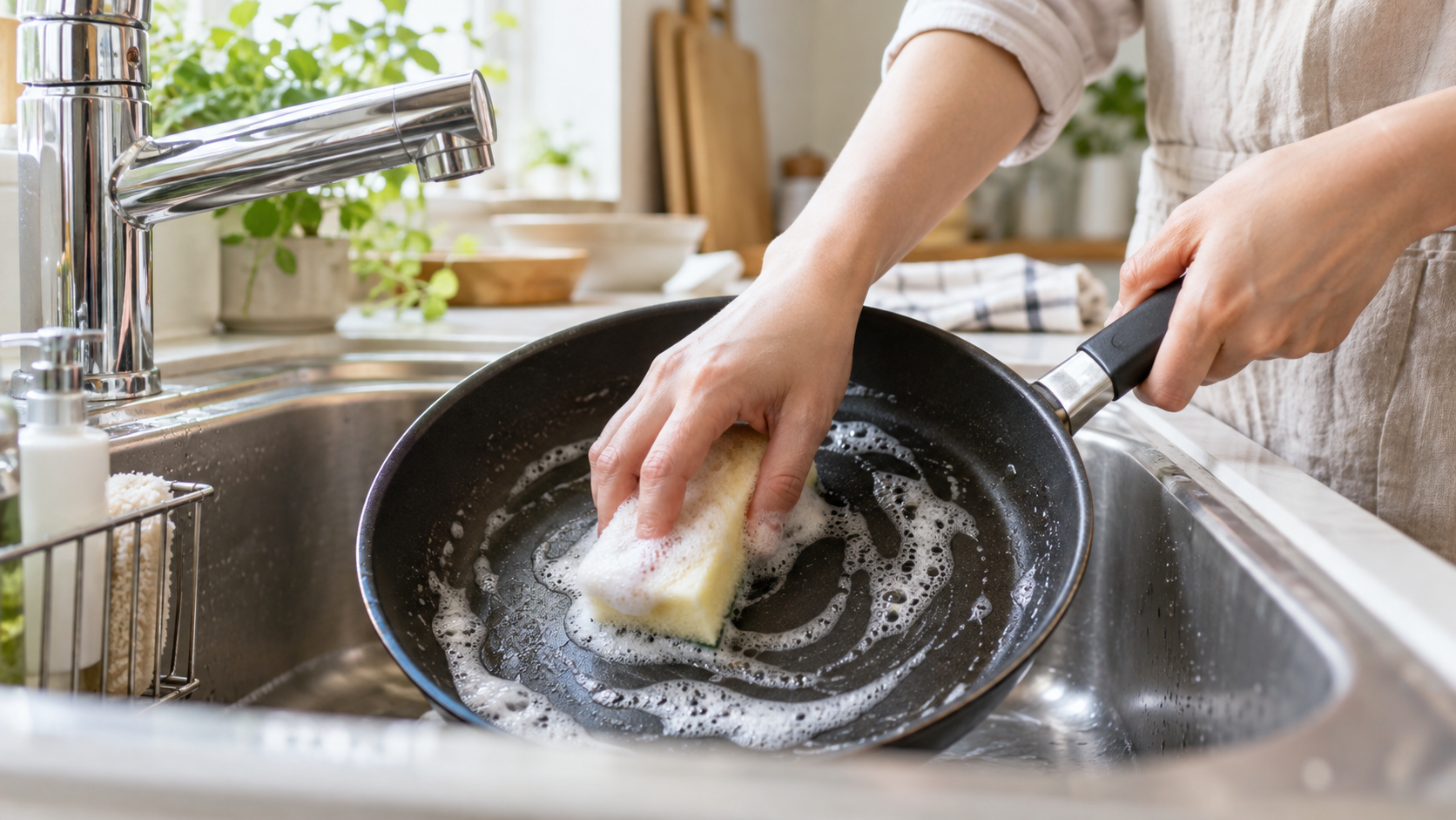 冷ましたフッ素加工フライパンをやわらかいスポンジで洗う