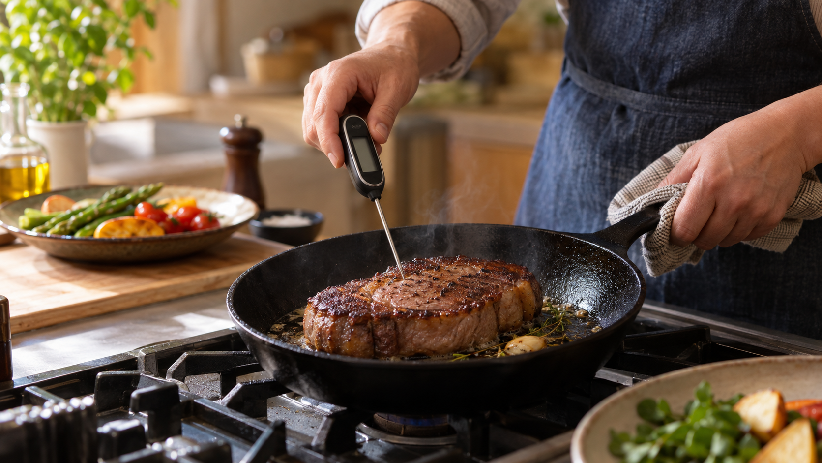 温度計とフライパンで肉を調理する場面