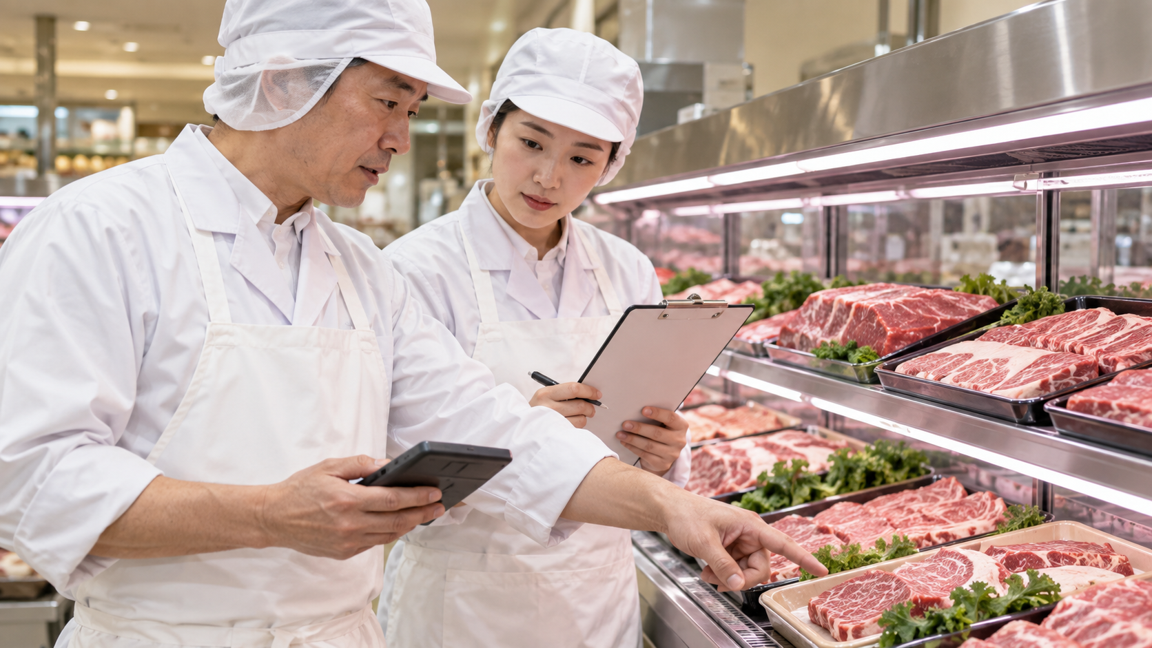 スタッフが牛肉売場の改善を確認する様子
