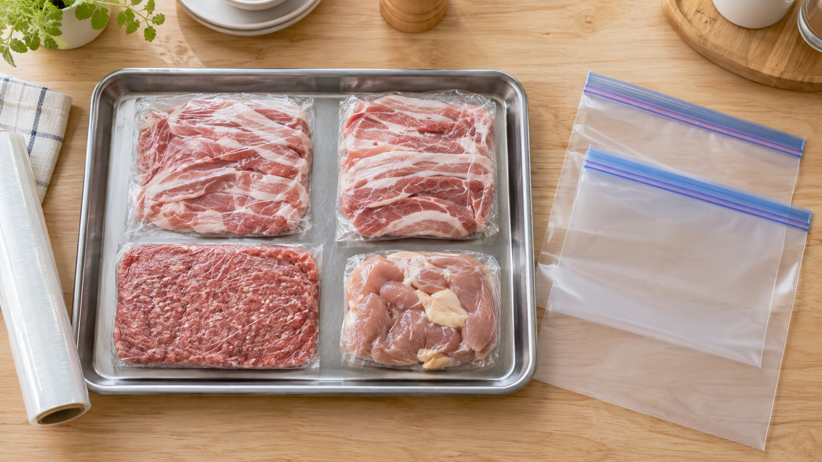 肉を薄く小分けし、冷凍用保存袋へ入れる前の様子