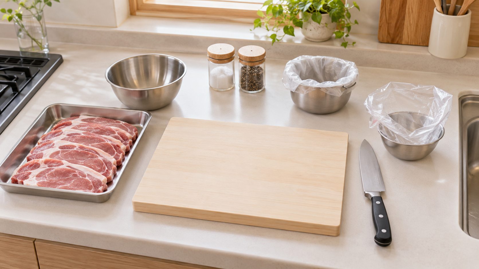 肉を扱う前に道具、受け皿、調味料、ごみの置き場所を整えた台所