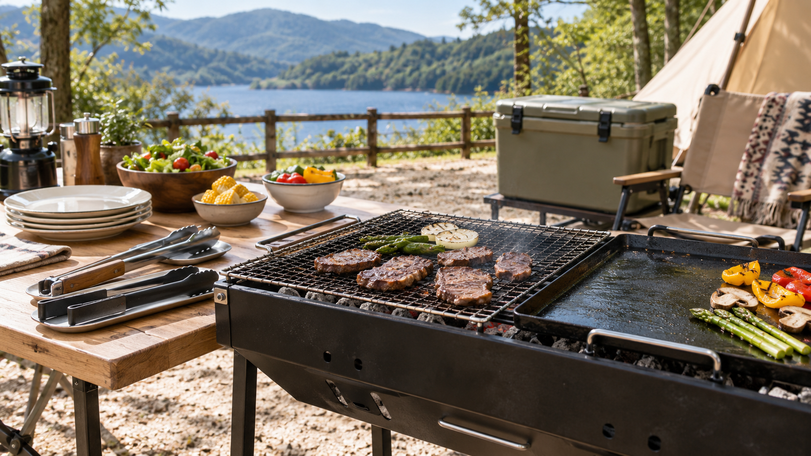 網と鉄板、トング、皿、クーラーボックスを準備したBBQ
