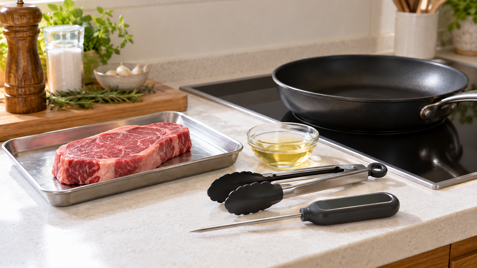 ステーキを焼くためのフライパンと油、トング、肉用温度計