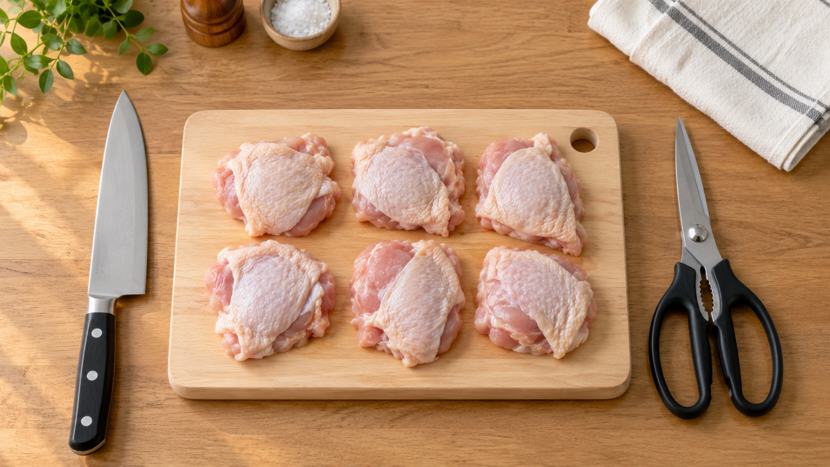 包丁とキッチンばさみの横に切り分けた鶏もも肉を並べた様子