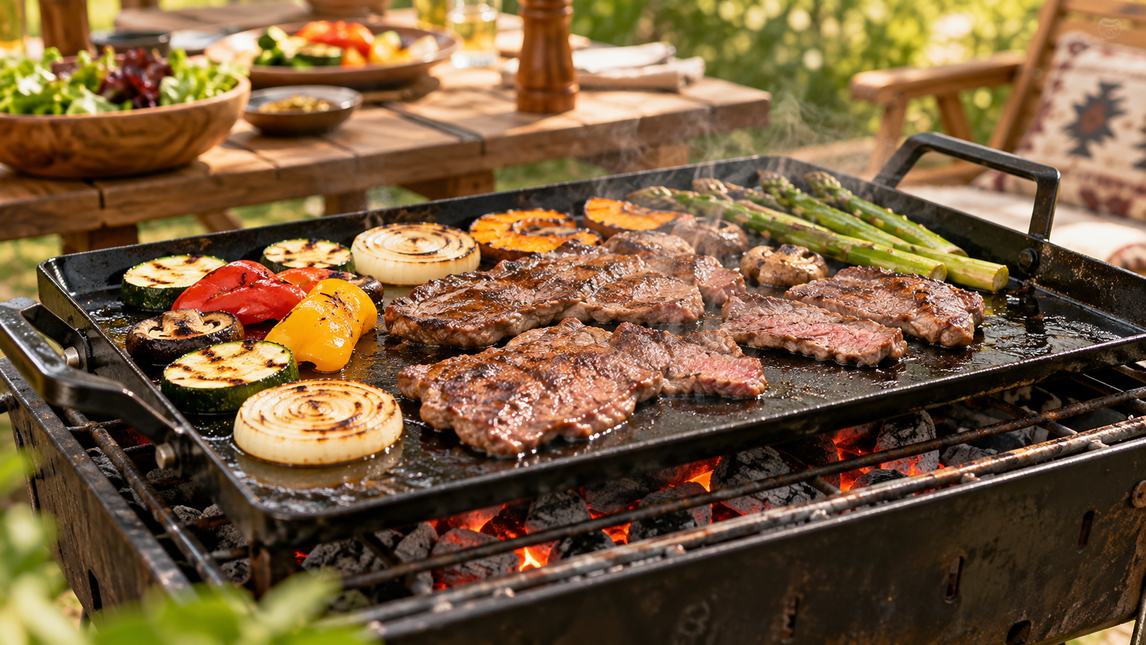 肉と野菜を鉄板で焼くBBQの風景